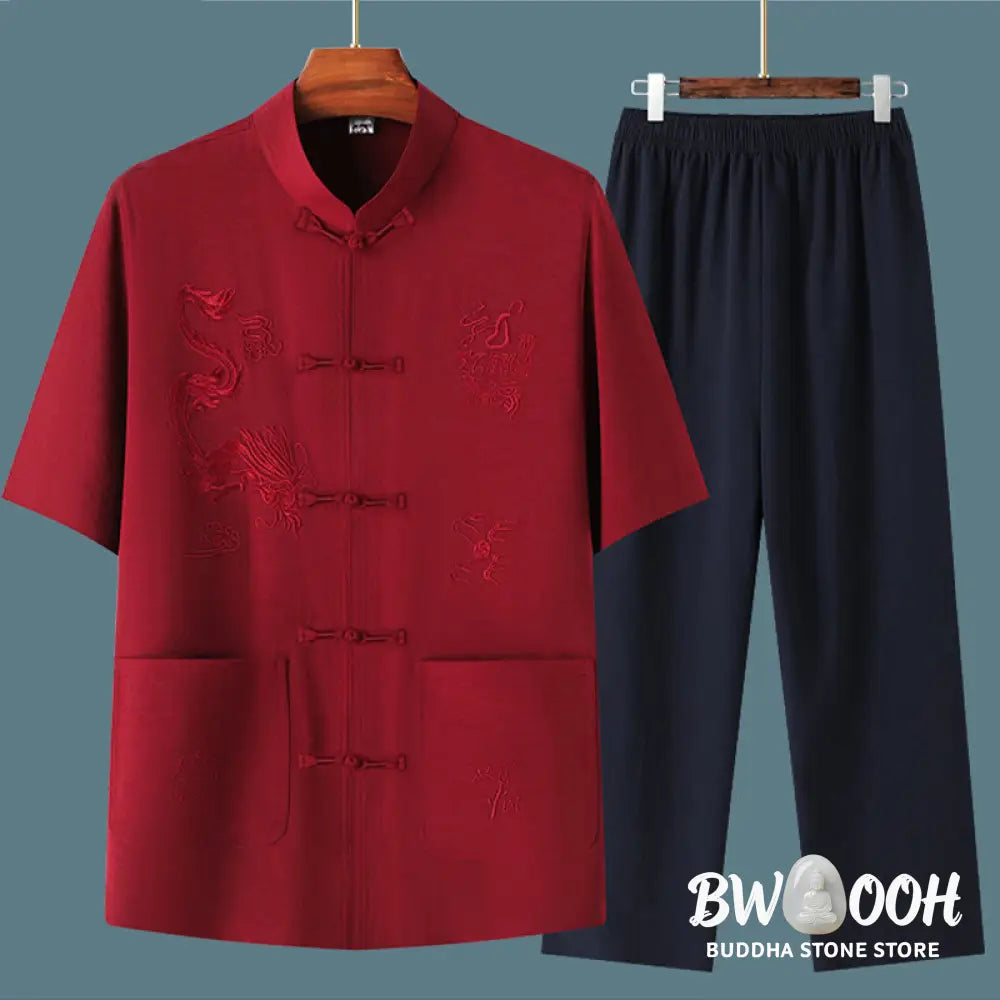 Buddha Stones Tang Suit Hanfu Chinese Dragon Traditional Kung Fu Uniform Short Sleeve Tops and Pants Clothing Men’s Set