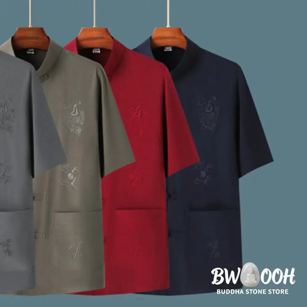Buddha Stones Tang Suit Hanfu Chinese Dragon Traditional Kung Fu Uniform Short Sleeve Tops and Pants Clothing Men’s Set