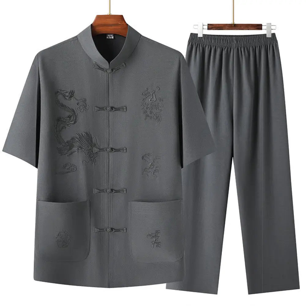 Buddha Stones Tang Suit Hanfu Chinese Dragon Traditional Kung Fu Uniform Short Sleeve Tops and Pants Clothing Men’s Set