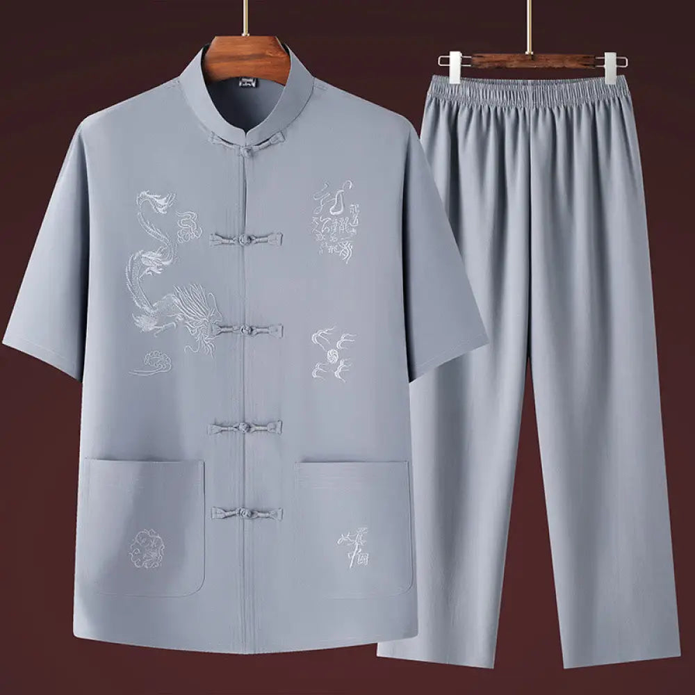 Buddha Stones Tang Suit Hanfu Chinese Dragon Traditional Kung Fu Uniform Short Sleeve Tops and Pants Clothing Men’s Set