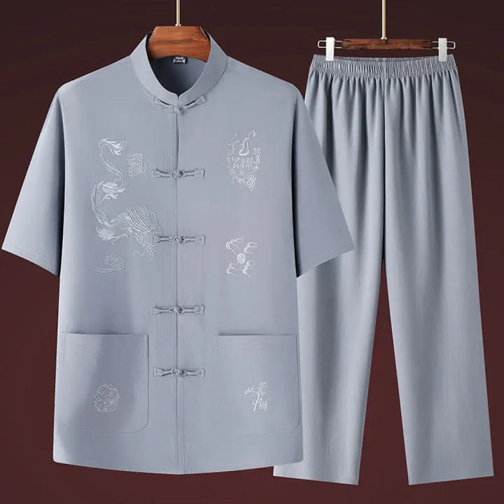 Buddha Stones Tang Suit Hanfu Chinese Dragon Traditional Kung Fu Uniform Short Sleeve Tops and Pants Clothing Men’s Set