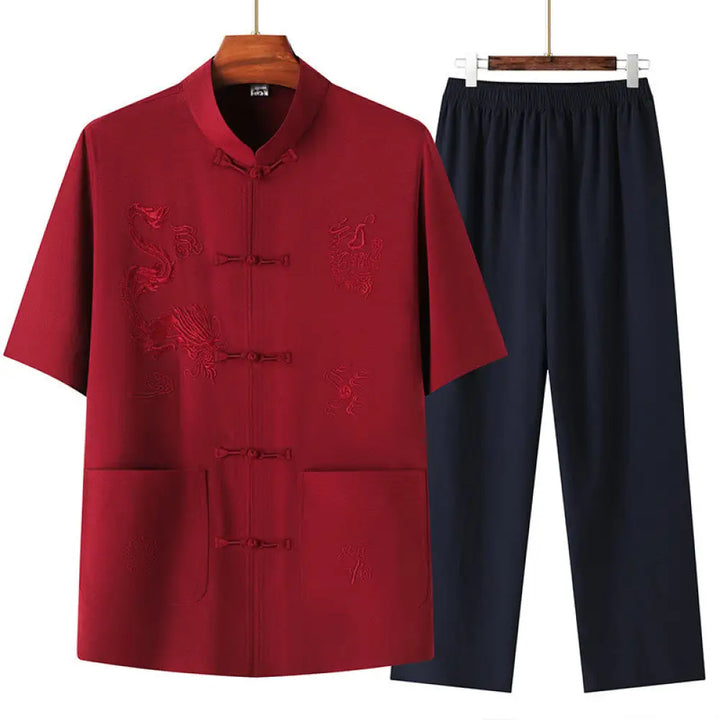 Buddha Stones Tang Suit Hanfu Chinese Dragon Traditional Kung Fu Uniform Short Sleeve Tops and Pants Clothing Men’s Set