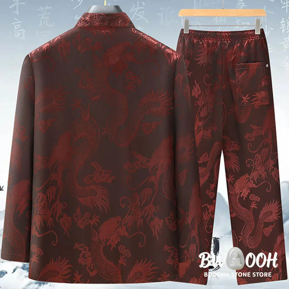 Buddha Stones Tang Suit Men Hanfu Chinese Dragon Traditional Clothes Kung Fu Shirt Uniform Long Sleeved Coat Tops and