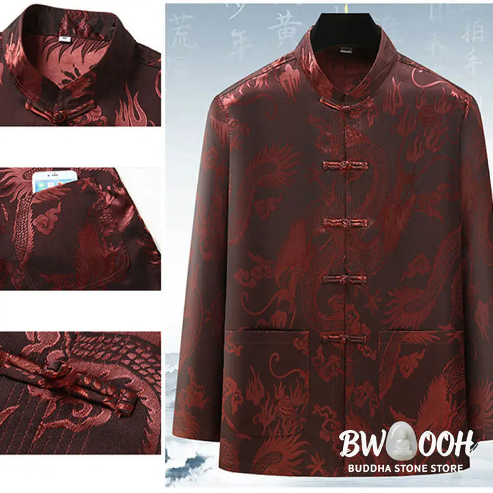 Buddha Stones Tang Suit Men Hanfu Chinese Dragon Traditional Clothes Kung Fu Shirt Uniform Long Sleeved Coat Tops and