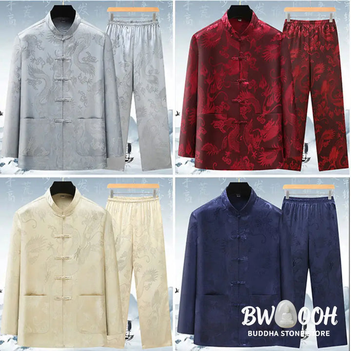 Buddha Stones Tang Suit Men Hanfu Chinese Dragon Traditional Clothes Kung Fu Shirt Uniform Long Sleeved Coat Tops and