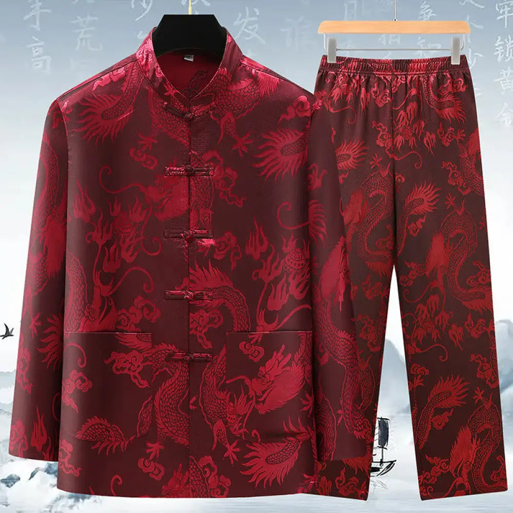 Buddha Stones Tang Suit Men Hanfu Chinese Dragon Traditional Clothes Kung Fu Shirt Uniform Long Sleeved Coat Tops and