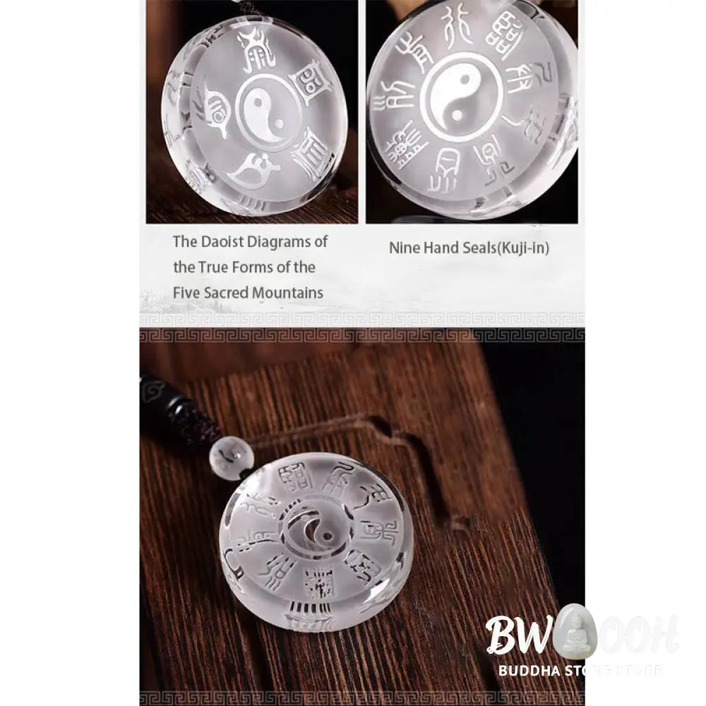 BWOOOH handcrafted Liuli Taoism Five Sacred Mountains Yin Yang symbol balance pendant, featuring Nine Hand Seals, suitable as a necklace or key chain, showcasing ancient Chinese crystal art. - View 7