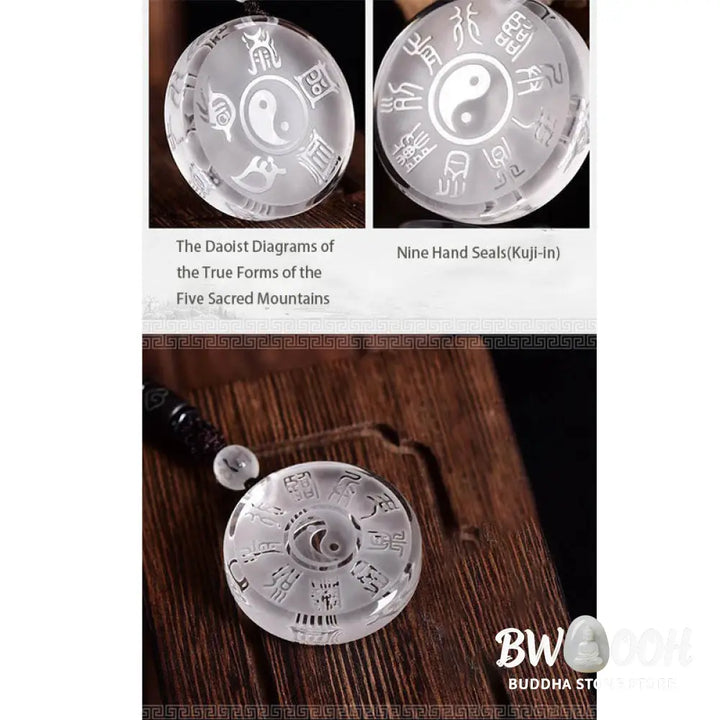 BWOOOH handcrafted Liuli Taoism Five Sacred Mountains Yin Yang symbol balance pendant, featuring Nine Hand Seals, suitable as a necklace or key chain, showcasing ancient Chinese crystal art. - View 7