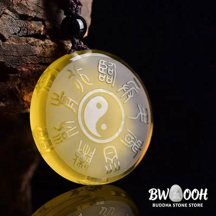 BWOOOH handcrafted Liuli Taoism Five Sacred Mountains Yin Yang symbol balance pendant, featuring Nine Hand Seals, suitable as a necklace or key chain, showcasing ancient Chinese crystal art. - View 10