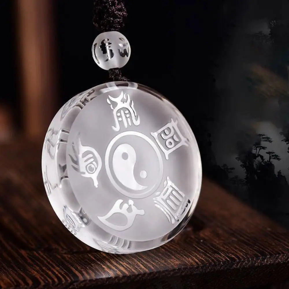 BWOOOH handcrafted Liuli Taoism Five Sacred Mountains Yin Yang symbol balance pendant, featuring Nine Hand Seals, suitable as a necklace or key chain, showcasing ancient Chinese crystal art.