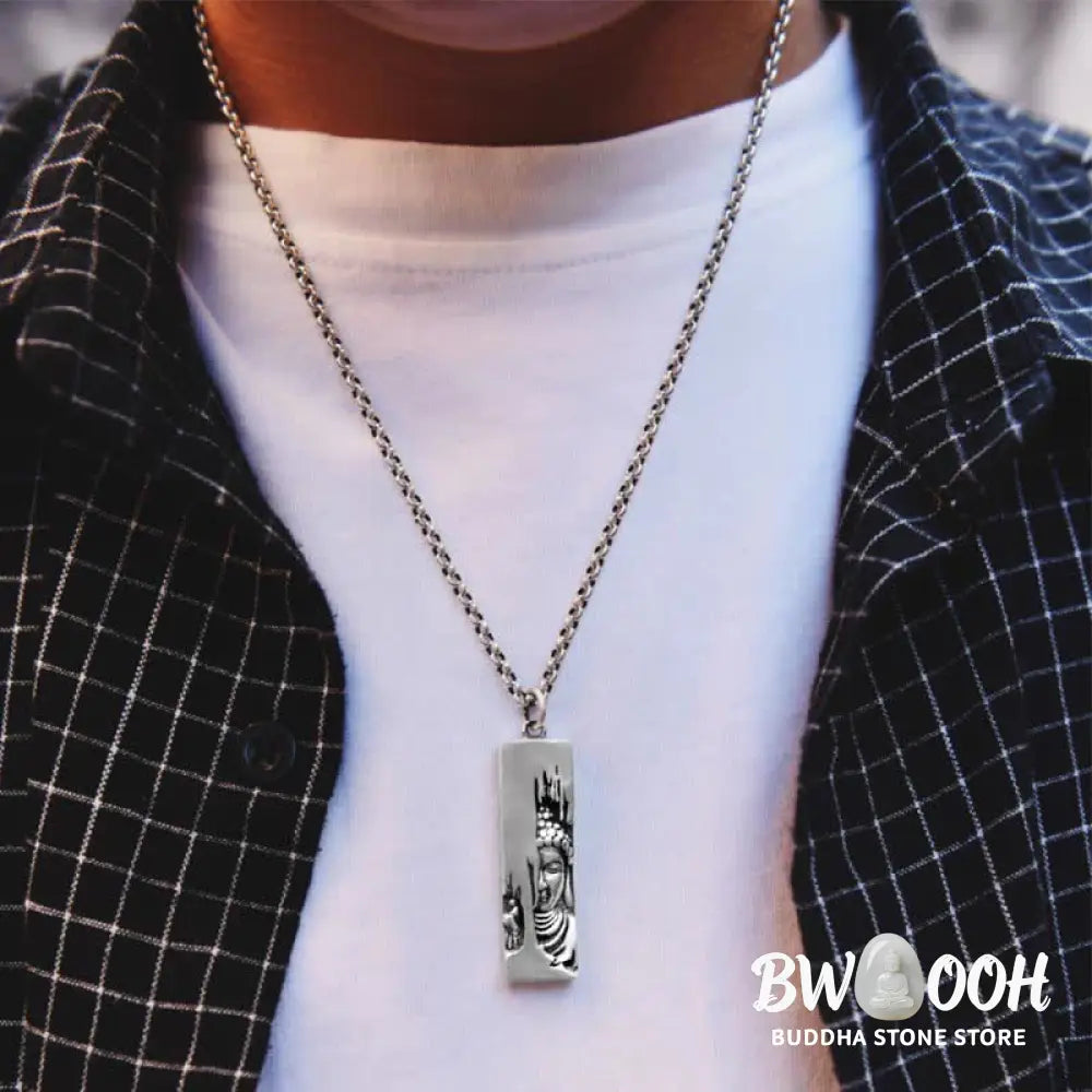 BWOOOH Tathagata Buddha Strength Protection Amulet, a vintage-style copper pendant necklace. Features an intricately designed Buddha symbol, suitable for unisex wear, 60cm/80cm length options. - View 6
