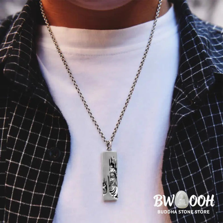 BWOOOH Tathagata Buddha Strength Protection Amulet, a vintage-style copper pendant necklace. Features an intricately designed Buddha symbol, suitable for unisex wear, 60cm/80cm length options. - View 6