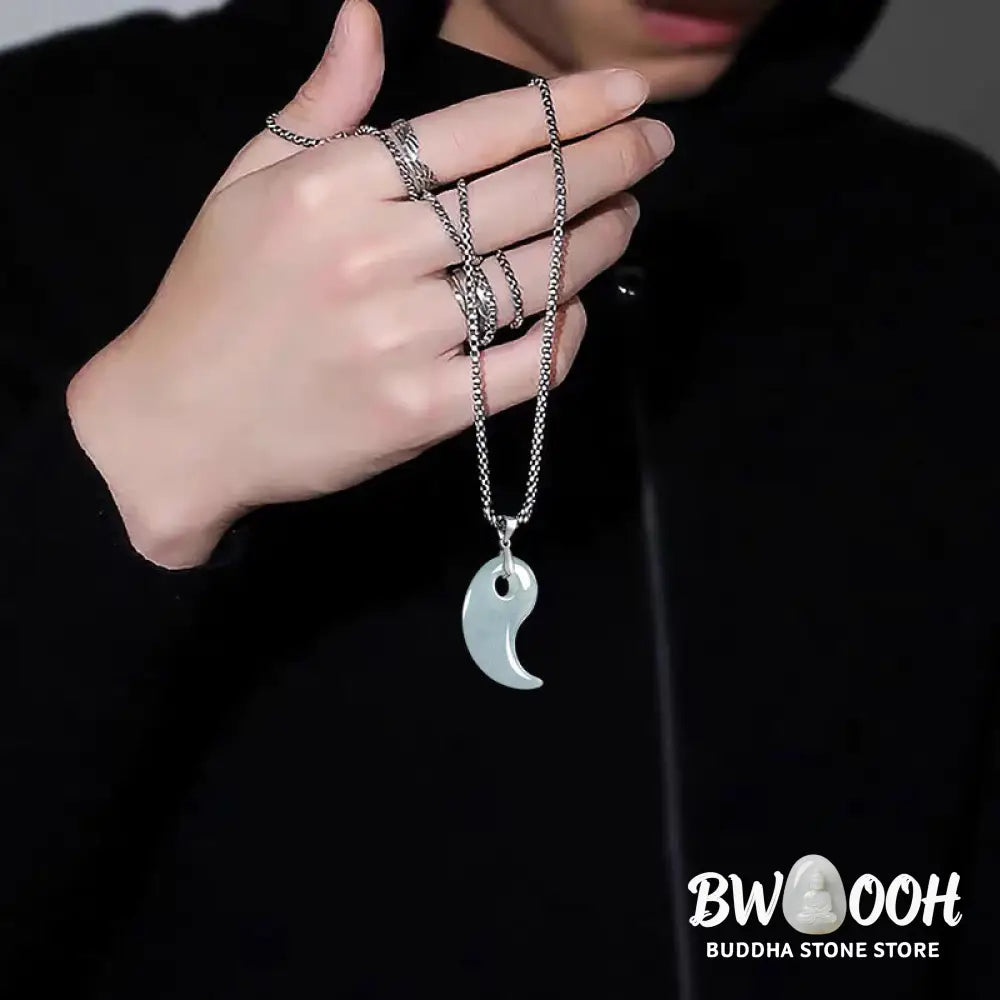 Buddha Stones Teardrop Design Jade Titanium Steel Chain Necklace Luck Pendant - BWOOOH - Necklaces &amp; Pendants