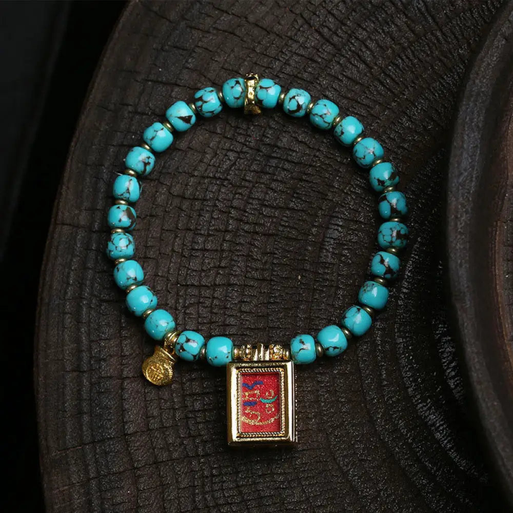 Buddha Stones Thangka Gau Amulet Box Turquoise Fu Character Protection Bracelet - Turquoise(Wrist