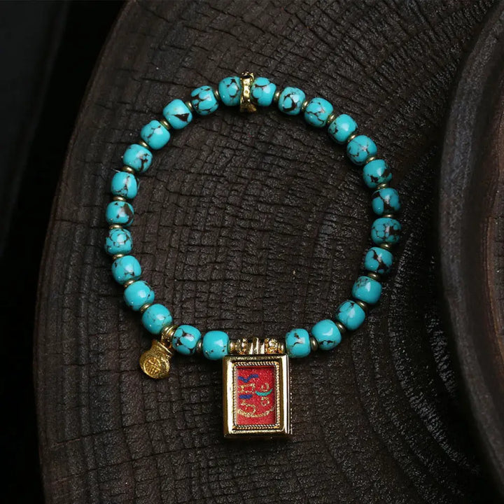 Buddha Stones Thangka Gau Amulet Box Turquoise Fu Character Protection Bracelet - Turquoise(Wrist