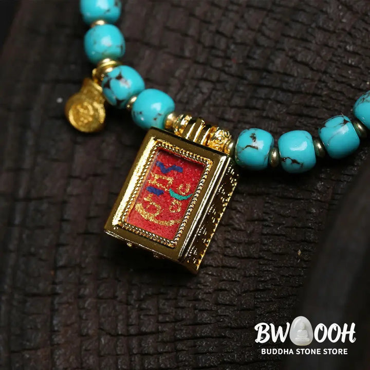 Buddha Stones Thangka Gau Amulet Box Turquoise Fu Character Protection Bracelet - Turquoise(Wrist