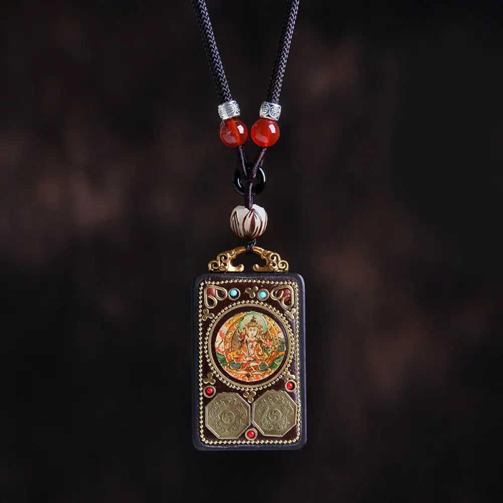 Buddha Stones Thangka Yin Yang Copper Coins Ebony Wood Zakiram Balance Pendant Necklace - BWOOOH - Ebony Wood Manjushri