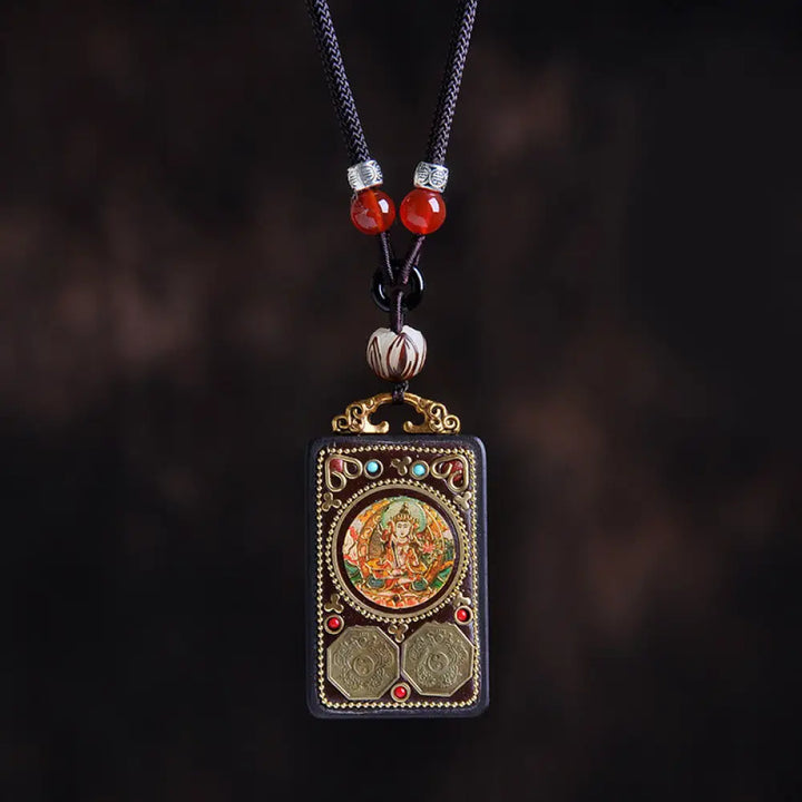 Buddha Stones Thangka Yin Yang Copper Coins Ebony Wood Zakiram Balance Pendant Necklace - BWOOOH - Ebony Wood Manjushri