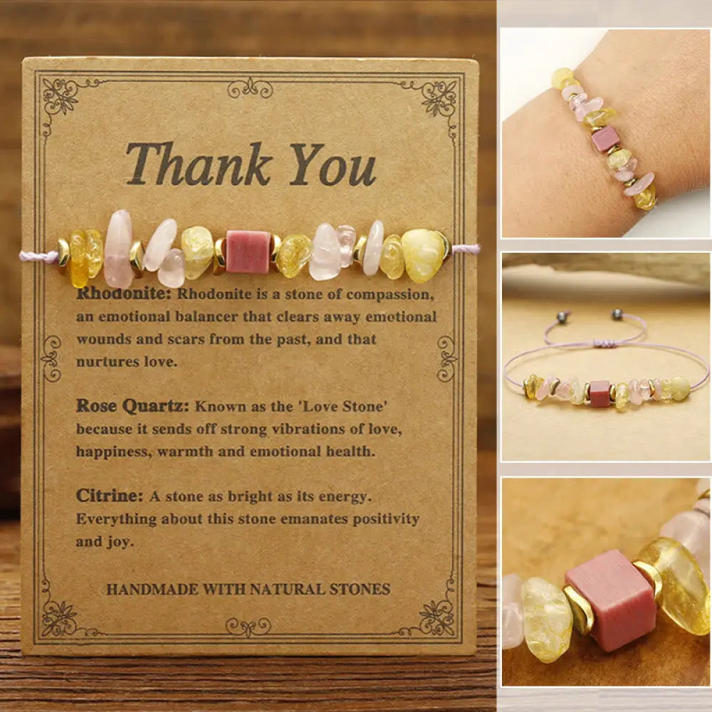 BWOOOH Thank You Rose Quartz Citrine Rhodonite Passionate Bracelet — Rose Quartz crystal healing bracelet for spiritual he...