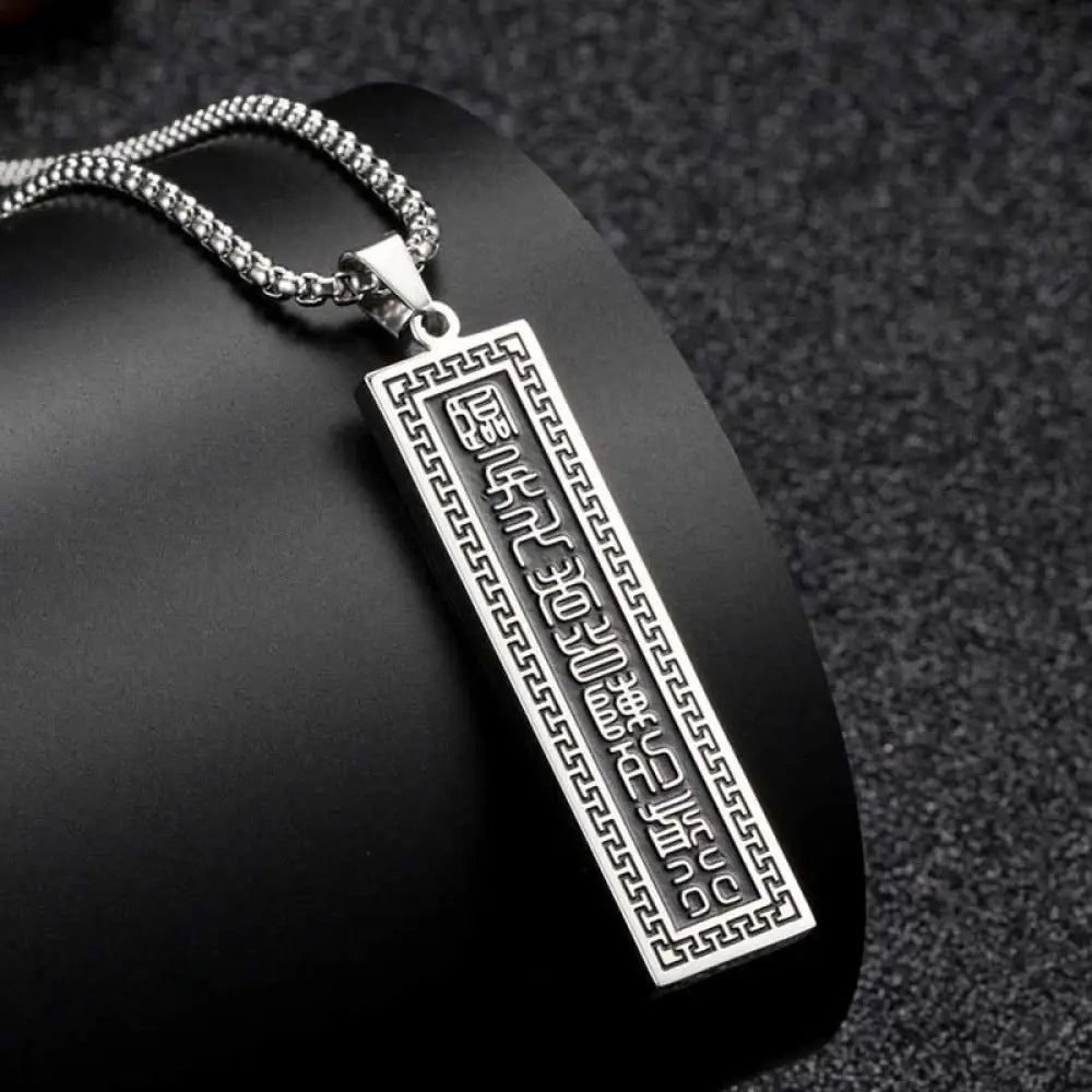 Buddha Stones The Nine-word Mantra Titanium Steel Bagua Yin Yang Balance Necklace Pendant - BWOOOH - Silver The