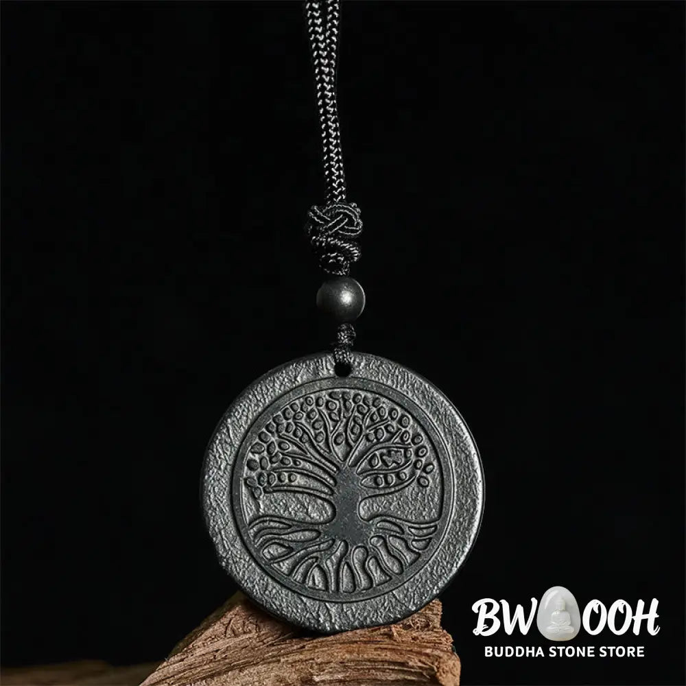 Buddha Stones The Tree of Life Carving Pattern Authentic Shungite Stone Protection Necklace Pendant - BWOOOH - The Tree