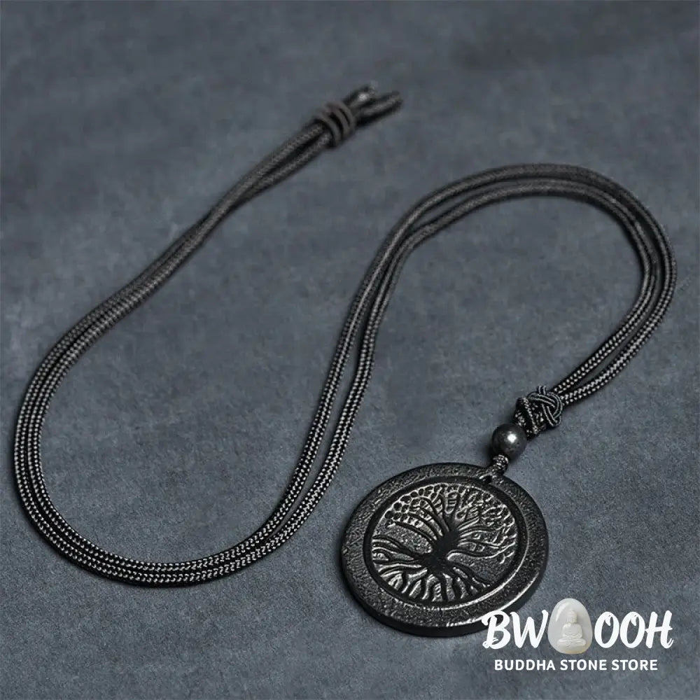 Buddha Stones The Tree of Life Carving Pattern Authentic Shungite Stone Protection Necklace Pendant - BWOOOH - The Tree
