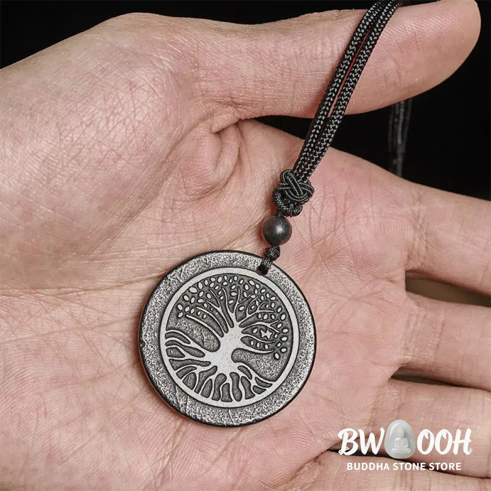 Buddha Stones The Tree of Life Carving Pattern Authentic Shungite Stone Protection Necklace Pendant - BWOOOH - The Tree