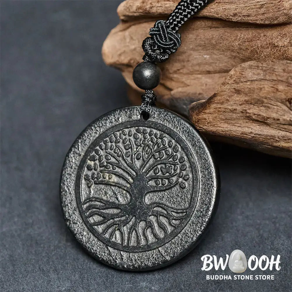Buddha Stones The Tree of Life Carving Pattern Authentic Shungite Stone Protection Necklace Pendant - BWOOOH - The Tree