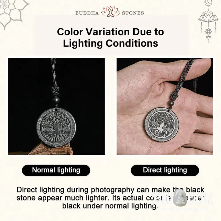 Buddha Stones The Tree of Life Carving Pattern Authentic Shungite Stone Protection Necklace Pendant - BWOOOH - The Tree