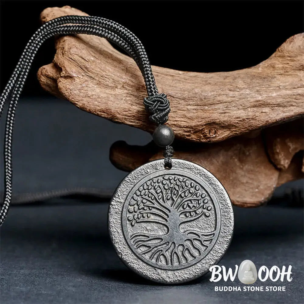 Buddha Stones The Tree of Life Carving Pattern Authentic Shungite Stone Protection Necklace Pendant - BWOOOH - The Tree