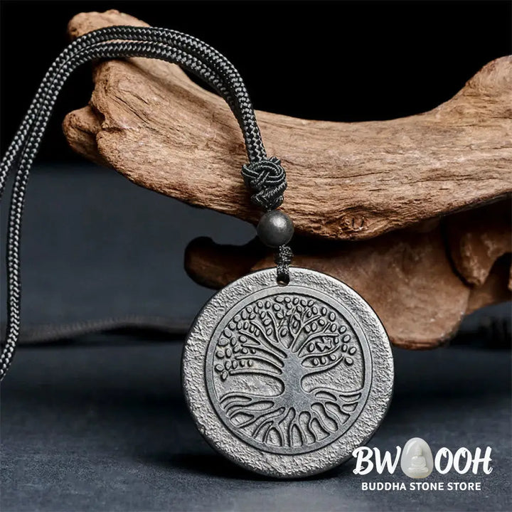 Buddha Stones The Tree of Life Carving Pattern Authentic Shungite Stone Protection Necklace Pendant - BWOOOH - The Tree