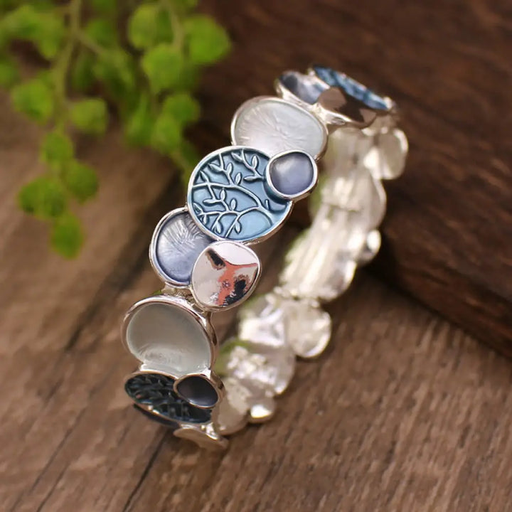 Buddha Stones The Tree Of Life Round Pattern Unity Alloy Elastic Bracelet Bangle - BWOOOH - Blue 57mm - Bracelet Bangle