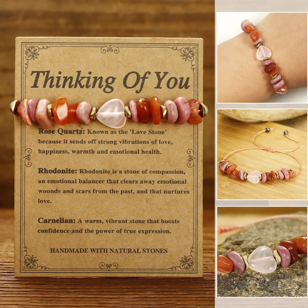 BWOOOH Thinking Of You Rose Quartz Rhodonite Carnelian Relationships Bracelet — Rose Quartz crystal healing bracelet for s...