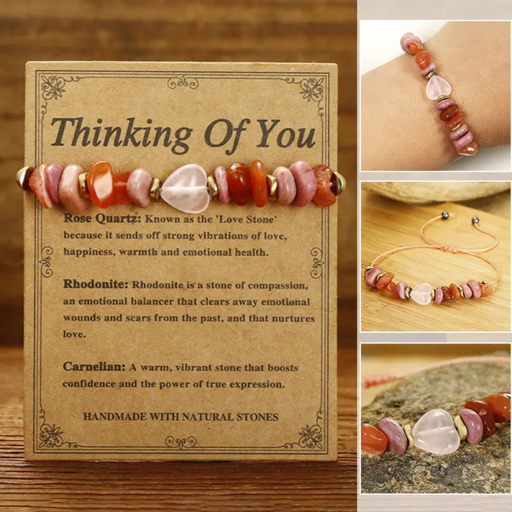 BWOOOH Thinking Of You Rose Quartz Rhodonite Carnelian Relationships Bracelet — Rose Quartz crystal healing bracelet for s...