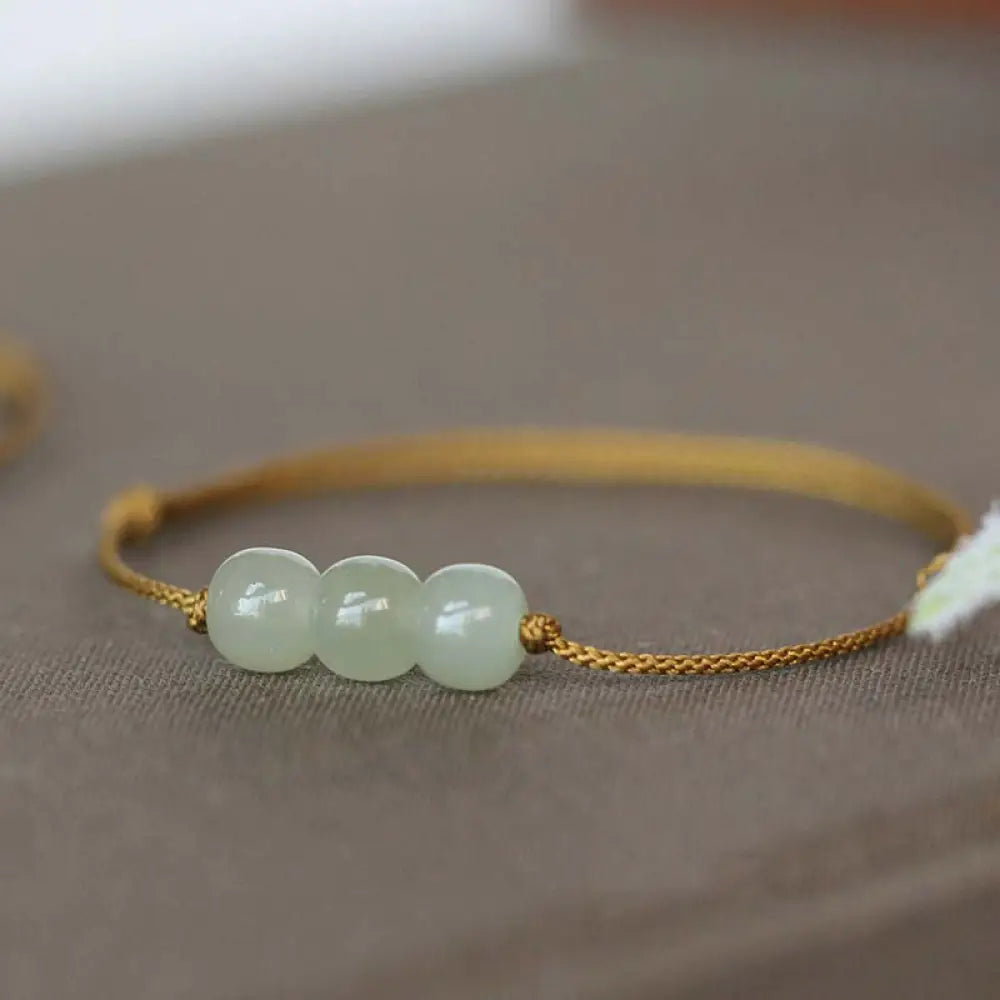 Buddha Stones Three Beads Jade Luck String Weave Bracelet - BWOOOH - Brown(Wrist Circumference 14-20cm) - Bracelet