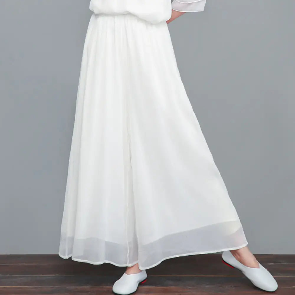 Buddha Stones Three Quarter Sleeve Chiffon Cheongsam Midi Dress Wide Leg Pants Meditation Zen Practice Clothing - White