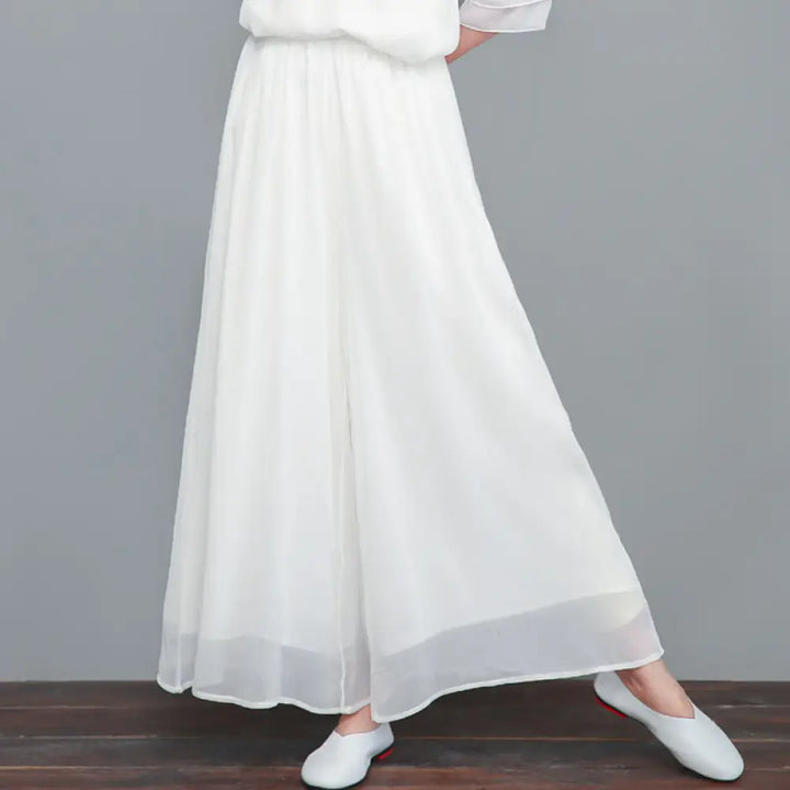 Buddha Stones Three Quarter Sleeve Chiffon Cheongsam Midi Dress Wide Leg Pants Meditation Zen Practice Clothing - White
