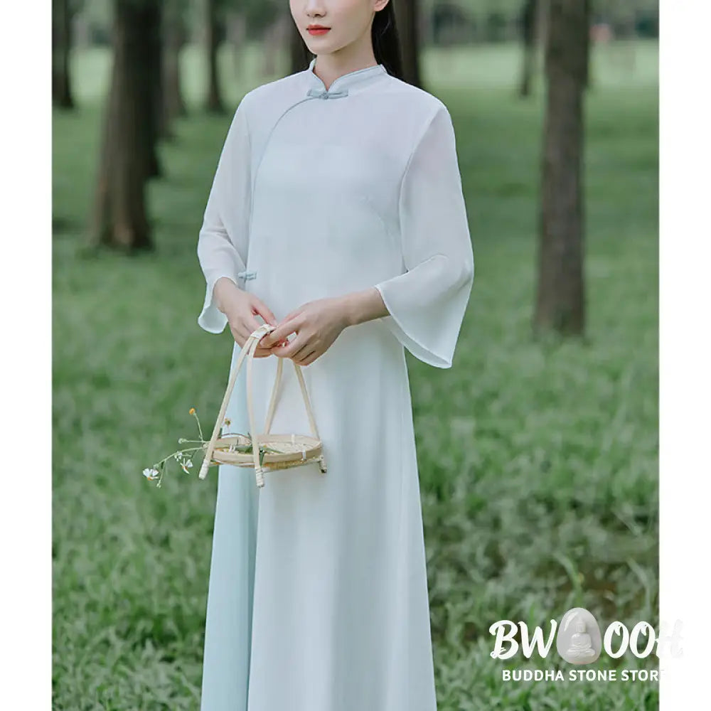 Buddha Stones Three Quarter Sleeve Chiffon Cheongsam Midi Dress Wide Leg Pants Meditation Zen Practice Clothing