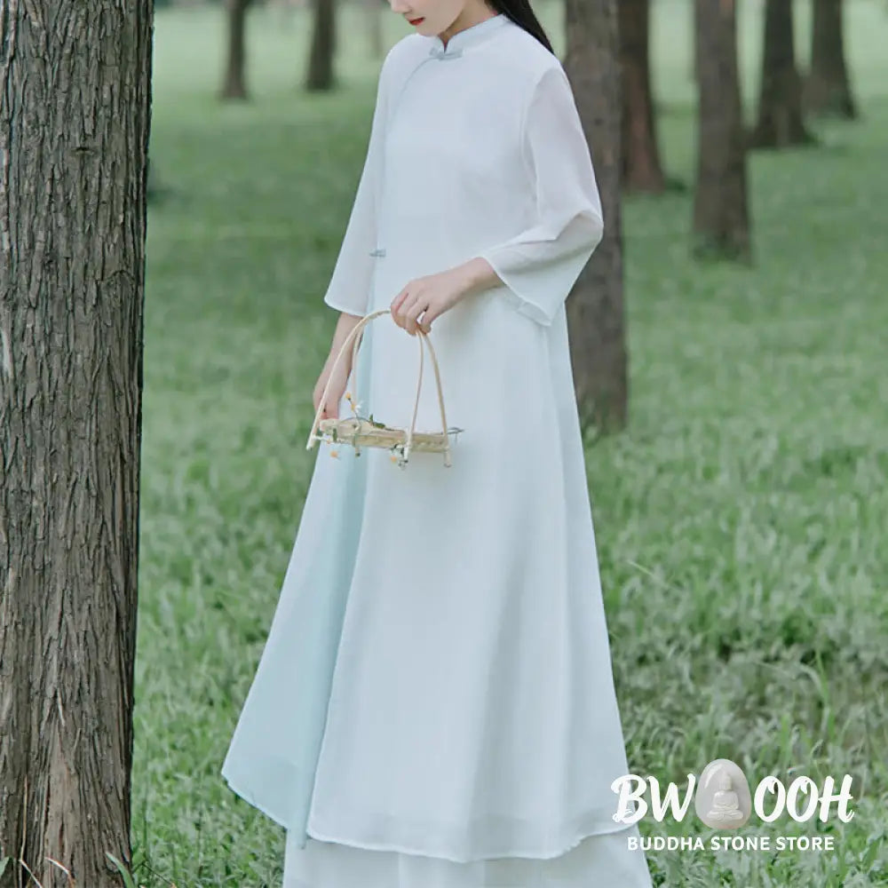 Buddha Stones Three Quarter Sleeve Chiffon Cheongsam Midi Dress Wide Leg Pants Meditation Zen Practice Clothing