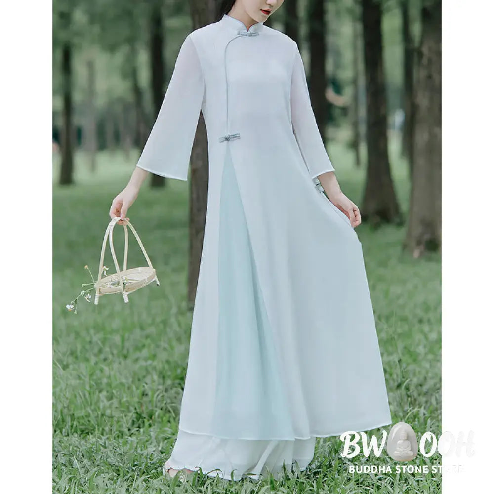 Buddha Stones Three Quarter Sleeve Chiffon Cheongsam Midi Dress Wide Leg Pants Meditation Zen Practice Clothing