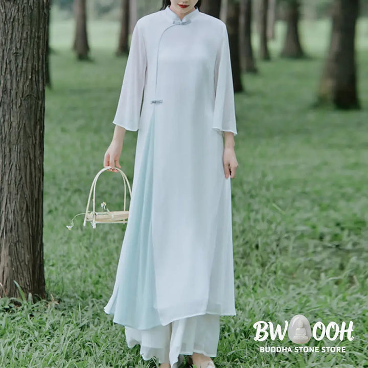 Buddha Stones Three Quarter Sleeve Chiffon Cheongsam Midi Dress Wide Leg Pants Meditation Zen Practice Clothing