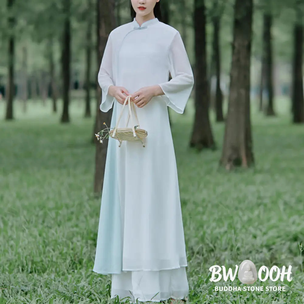 Buddha Stones Three Quarter Sleeve Chiffon Cheongsam Midi Dress Wide Leg Pants Meditation Zen Practice Clothing