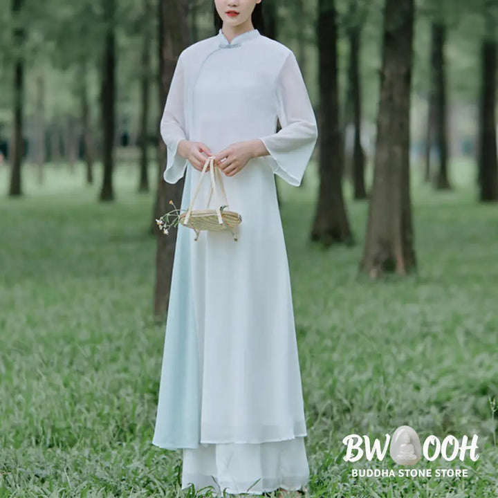 Buddha Stones Three Quarter Sleeve Chiffon Cheongsam Midi Dress Wide Leg Pants Meditation Zen Practice Clothing