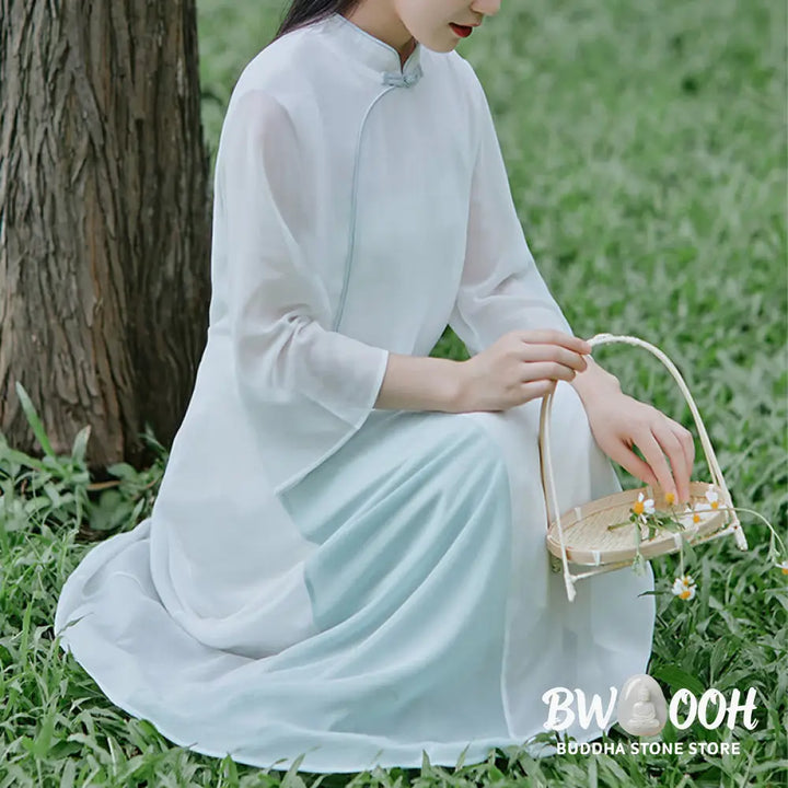 Buddha Stones Three Quarter Sleeve Chiffon Cheongsam Midi Dress Wide Leg Pants Meditation Zen Practice Clothing
