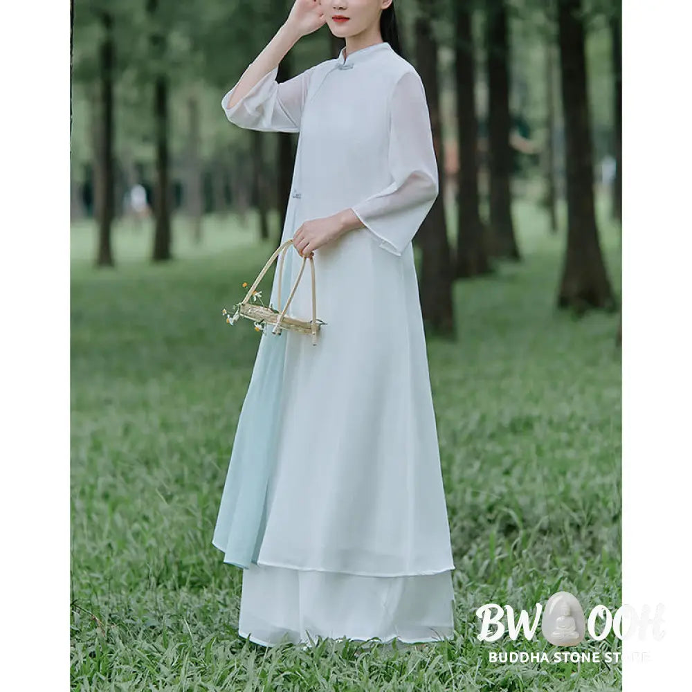 Buddha Stones Three Quarter Sleeve Chiffon Cheongsam Midi Dress Wide Leg Pants Meditation Zen Practice Clothing