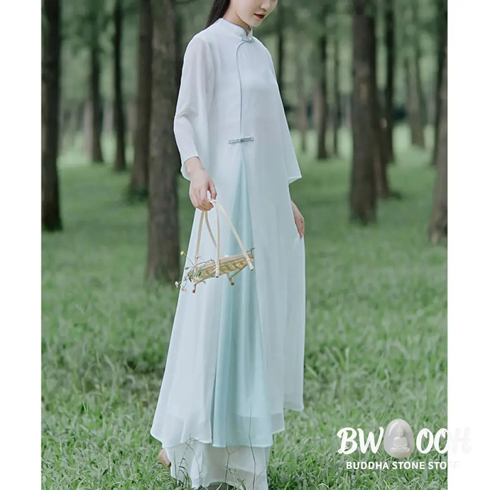 Buddha Stones Three Quarter Sleeve Chiffon Cheongsam Midi Dress Wide Leg Pants Meditation Zen Practice Clothing