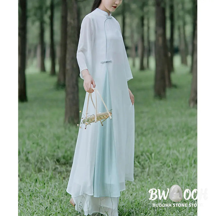 Buddha Stones Three Quarter Sleeve Chiffon Cheongsam Midi Dress Wide Leg Pants Meditation Zen Practice Clothing