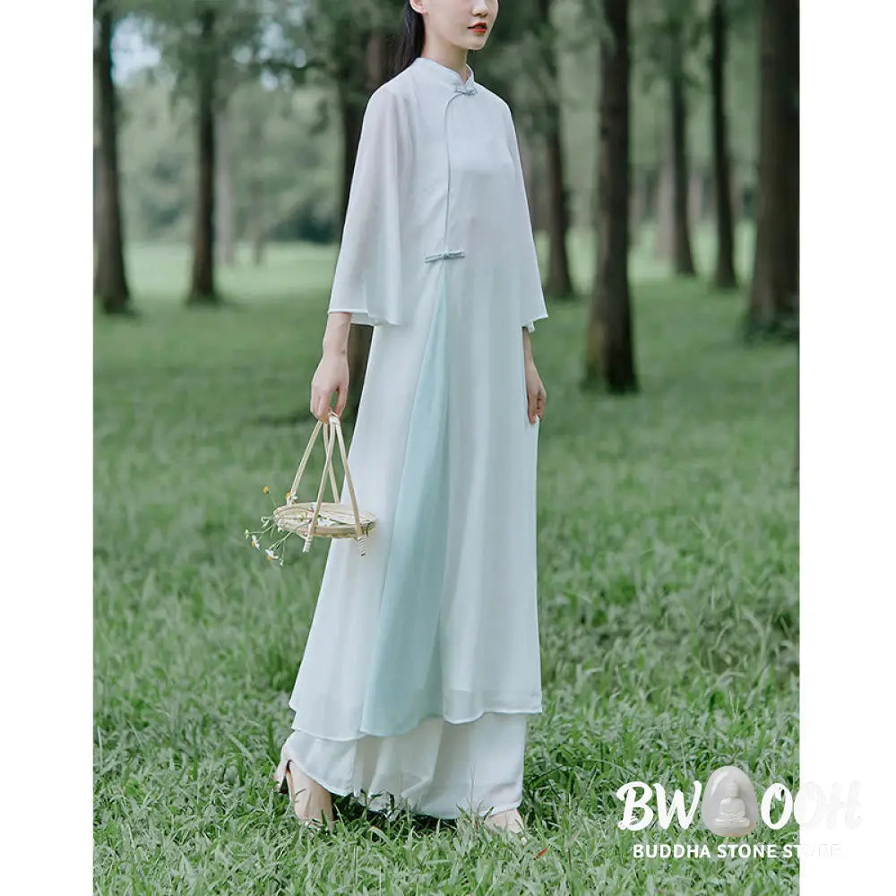 Buddha Stones Three Quarter Sleeve Chiffon Cheongsam Midi Dress Wide Leg Pants Meditation Zen Practice Clothing