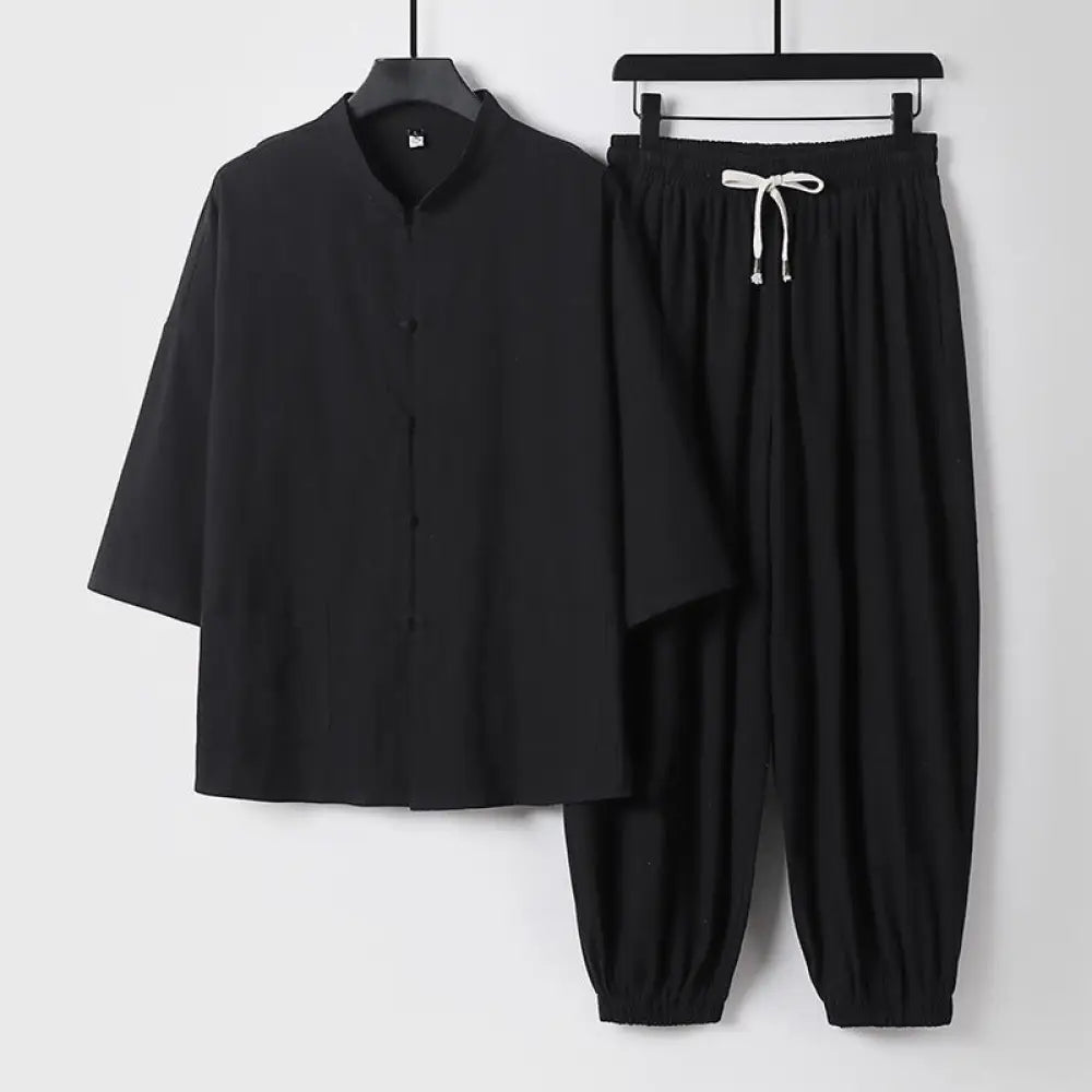 Buddha Stones Three-Quarter Sleeves Cropped Bloomers Cotton Top Pants Clothing Men’s Set - Black / US/UK/AU34，EU44 (M)