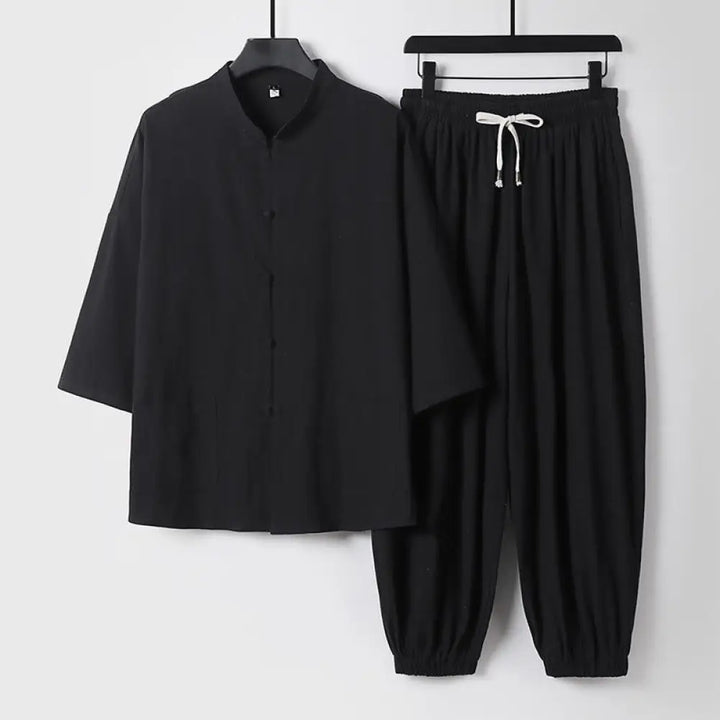 Buddha Stones Three-Quarter Sleeves Cropped Bloomers Cotton Top Pants Clothing Men’s Set - Black / US/UK/AU34，EU44 (M)